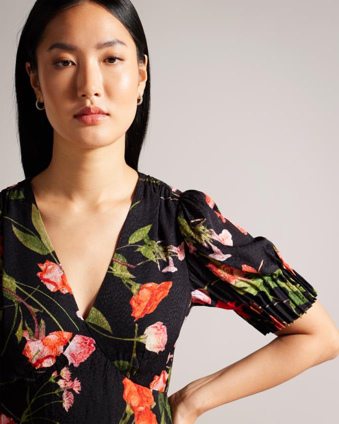 Peignoir Ted Baker Floral Mini Tea With Puff Sleeves Noir Femme | CKY-15353831